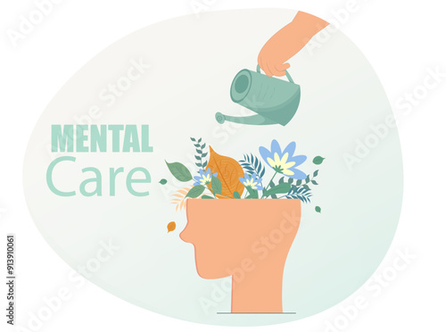 Human head with flowers, mental health support concept, emotional comfort, World Mental Health Day, positive thinking, flat vector illustration