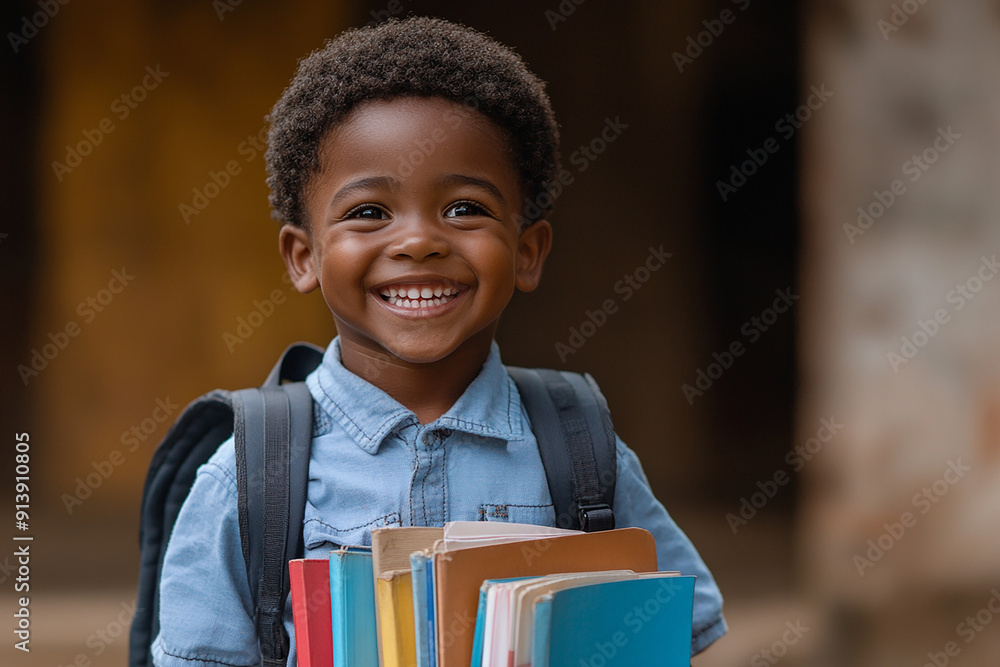 Black schoolboy holds books with a backpack
