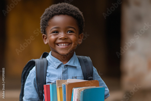 Obraz na płótnie Black schoolboy holds books with a backpack w salonie