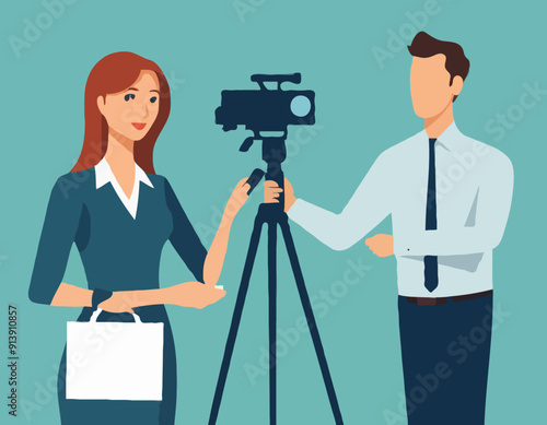 Interview, Mass Media Announcement, News Tv Broadcasting with Cameraman and Reporter. Female Journalist Interviewing Man 
