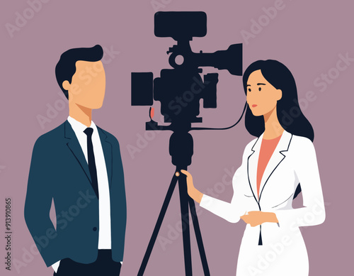 Interview, Mass Media Announcement, News Tv Broadcasting with Cameraman and Reporter. Female Journalist Interviewing Man 
