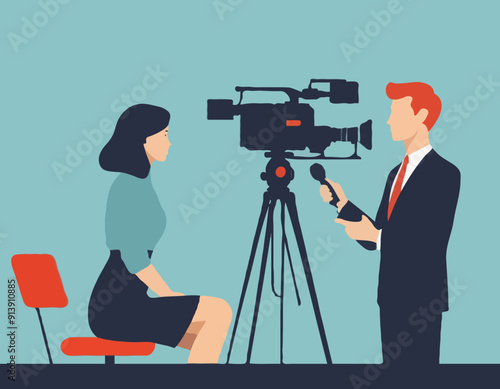 Interview, Mass Media Announcement, News Tv Broadcasting with Cameraman and Reporter. Female Journalist Interviewing Man 
