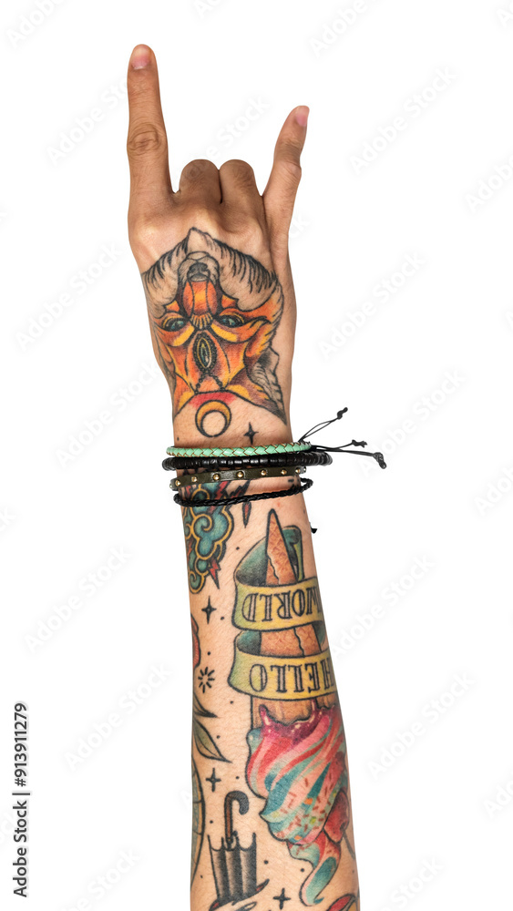 Png rock n roll tattooed hand gesture sticker on transparent background Png rock n roll tattooed hand gesture sticker on transparent background