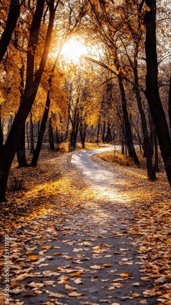 Fototapeta premium Autumn walk in park, vibrant colors, scenic routes, dynamic action, inviting