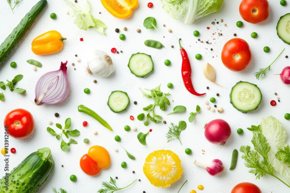 Creative layout made of summer vegetables. Food concept. Tomatoes, onion, cucumber, green peas, garlic, cabbage, chilly pepper, yellow pepper, salad leaves and radish on white background , ai Creative layout made of summer vegetables. Food concept. Tomatoes, onion, cucumber, green peas, garlic, cabbage, chilly pepper, yellow pepper, salad leaves and radish on white background , ai