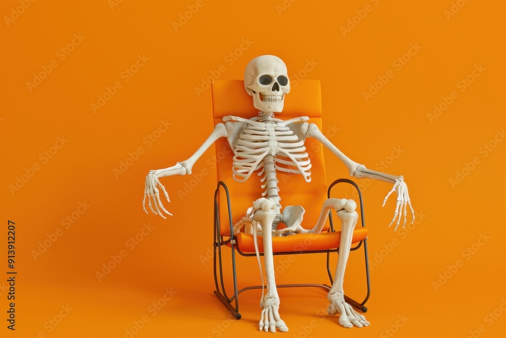 A skeleton is sitting in an orange chair A skeleton is sitting in an orange chair