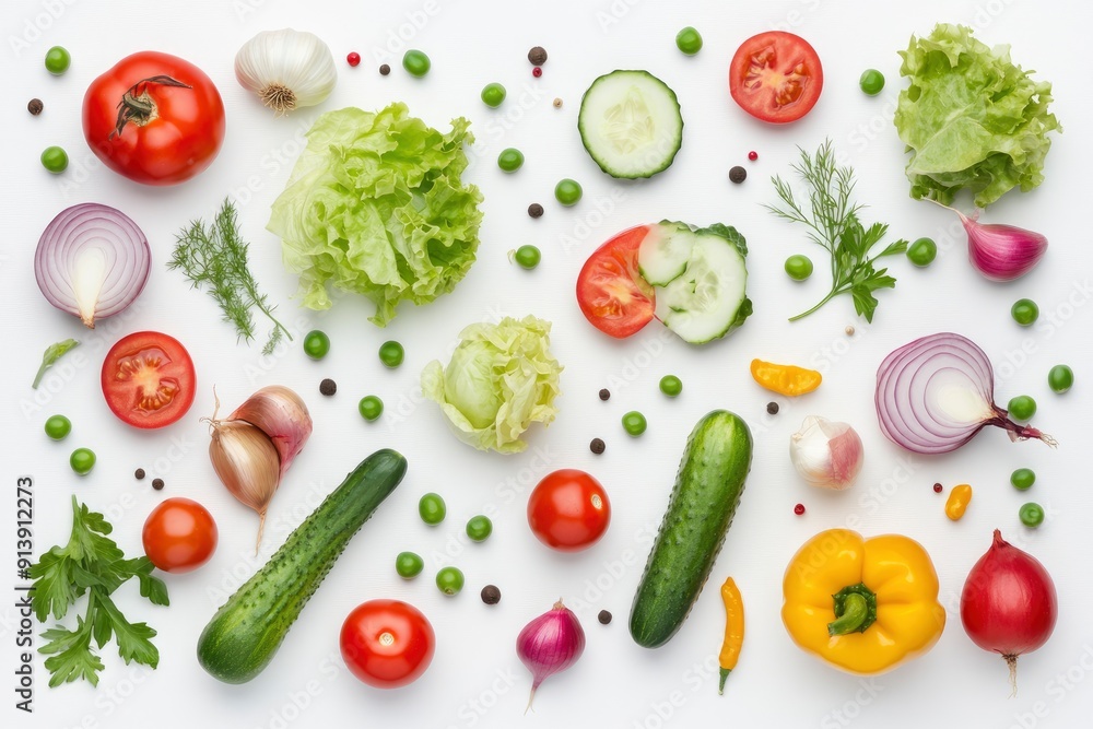 Creative layout made of summer vegetables. Food concept. Tomatoes, onion, cucumber, green peas, garlic, cabbage, chilly pepper, yellow pepper, salad leaves and radish on white background , ai Creative layout made of summer vegetables. Food concept. Tomatoes, onion, cucumber, green peas, garlic, cabbage, chilly pepper, yellow pepper, salad leaves and radish on white background , ai