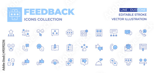 Feedback icons collection. Line Duotone style, editable stroke. customer behavior, feedback, rating, testing, shift, negative review, star, like, checklist, review, email, good feedback