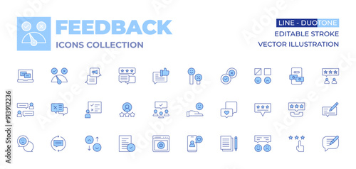 Feedback icons collection. Line Duotone style, editable stroke. feedback, review, bad feedback, rating, survey, write, like, audience, bad review, user, sad