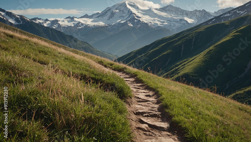 a grassy hill toward a snow-capped mountain peak in the distance. The sky is blue and there is some snow on the ground