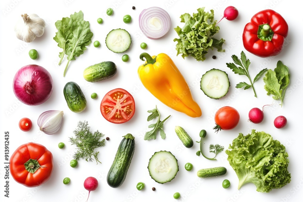 Creative layout made of summer vegetables. Food concept. Tomatoes, onion, cucumber, green peas, garlic, cabbage, chilly pepper, yellow pepper, salad leaves and radish on white background , ai Creative layout made of summer vegetables. Food concept. Tomatoes, onion, cucumber, green peas, garlic, cabbage, chilly pepper, yellow pepper, salad leaves and radish on white background , ai