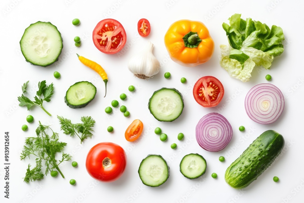 Creative layout made of summer vegetables. Food concept. Tomatoes, onion, cucumber, green peas, garlic, cabbage, chilly pepper, yellow pepper, salad leaves and radish on white background , ai Creative layout made of summer vegetables. Food concept. Tomatoes, onion, cucumber, green peas, garlic, cabbage, chilly pepper, yellow pepper, salad leaves and radish on white background , ai