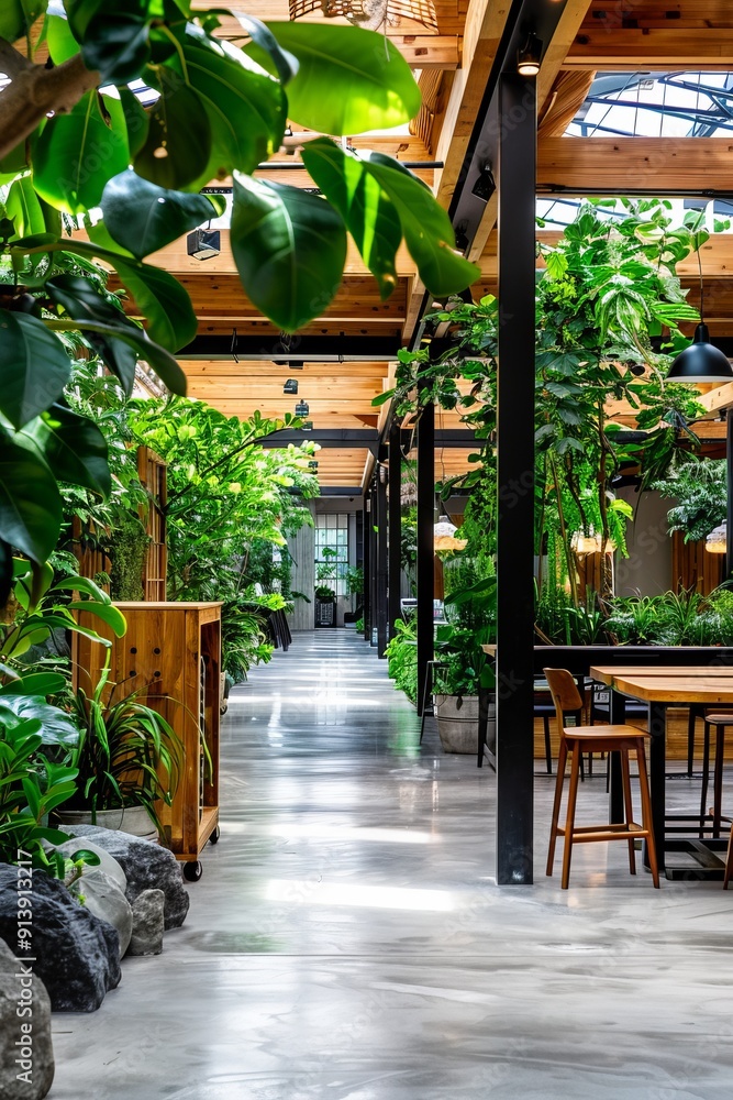 Fototapeta premium A spacious, modern office workspace featuring abundant greenery, wooden accents, and a mix of natural stone