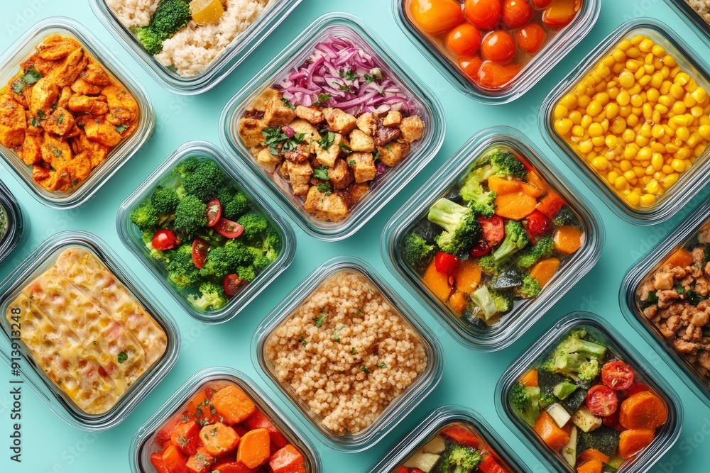 Many containers with delicious food on color background , ai