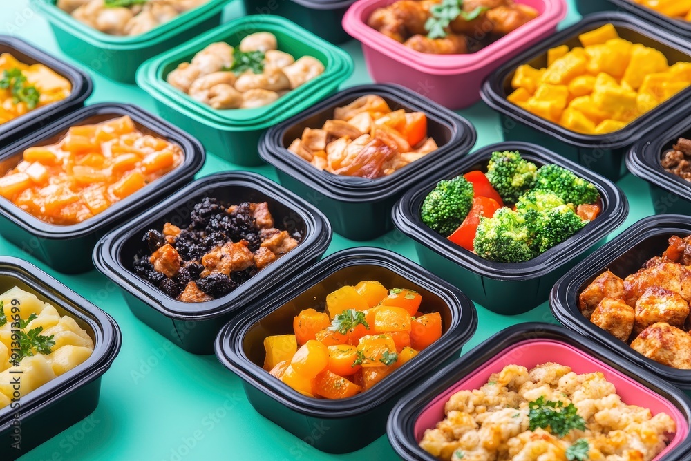 Many containers with delicious food on color background , ai Many containers with delicious food on color background , ai