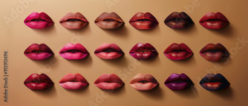 A striking display of lips with various shades of lipstick, arranged in a grid on a warm beige background for visual impact.