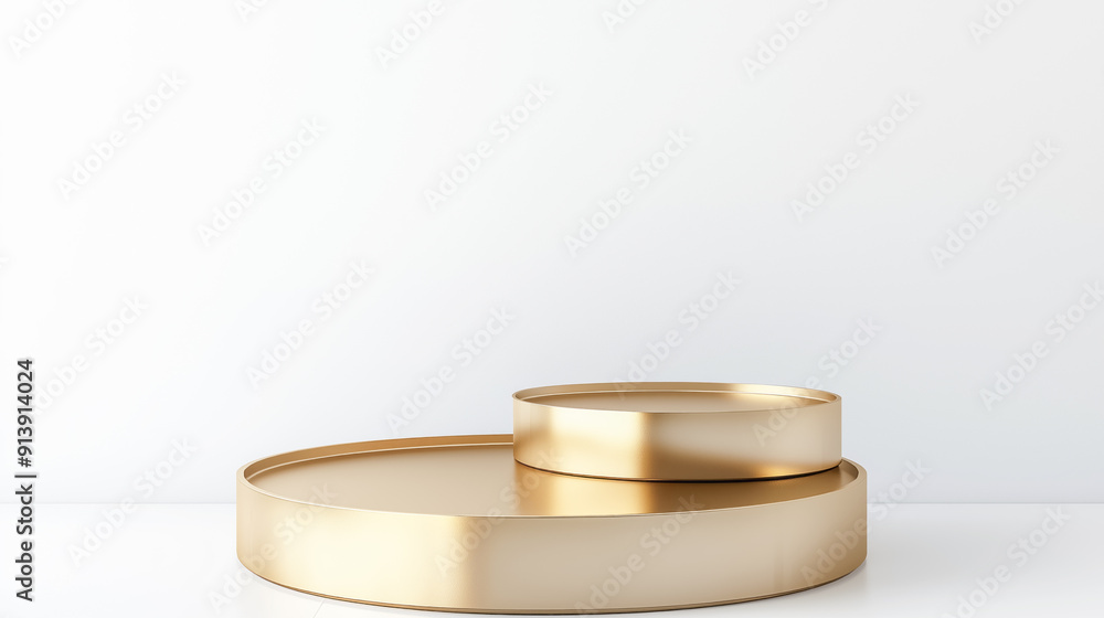 Empty golden product display podium setup with two gold circular podiums of different sizes against white wall Empty golden product display podium setup with two gold circular podiums of different sizes against white wall