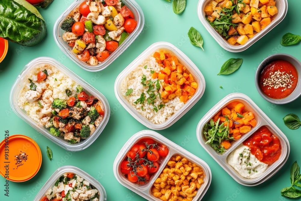 Many containers with delicious food on color background , ai Many containers with delicious food on color background , ai