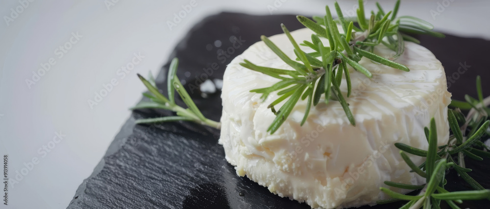Circular block of soft cheese topped with sprigs of fresh rosemary, set on a rustic slate board capturing a fresh and artisanal essence. Circular block of soft cheese topped with sprigs of fresh rosemary, set on a rustic slate board capturing a fresh and artisanal essence.