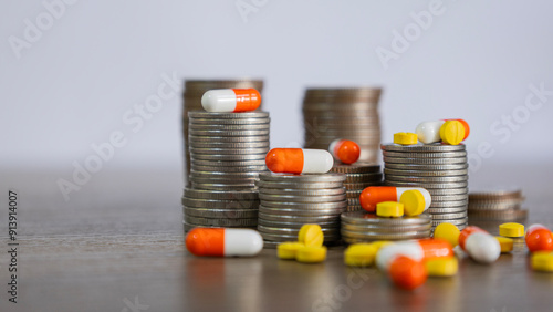 Yellow pills and white-orange capsules placed on and around a stack of coins for disign health insurance, medical expenses and medicine, finance, saving money, business. financial and medical idea.