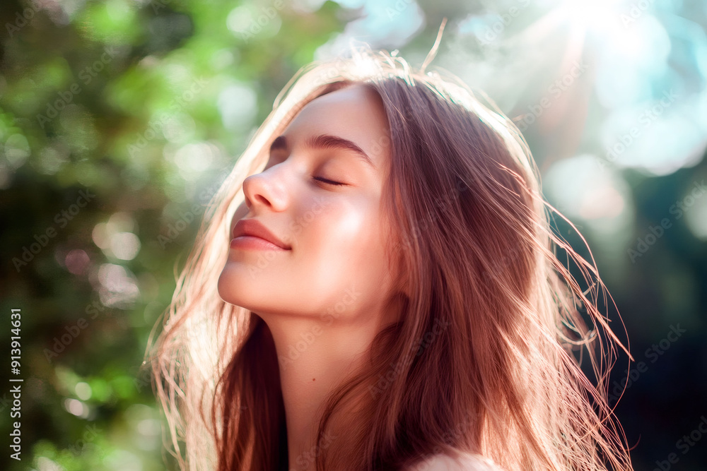 Young woman with closed eyes doing breath exercise outdoor. Young woman with closed eyes doing breath exercise outdoor.