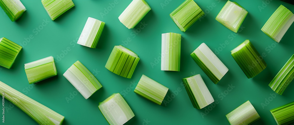Pieces of celery and green onions are artistically spread out on a pastel green background, showcasing freshness and simplicity. Pieces of celery and green onions are artistically spread out on a pastel green background, showcasing freshness and simplicity.