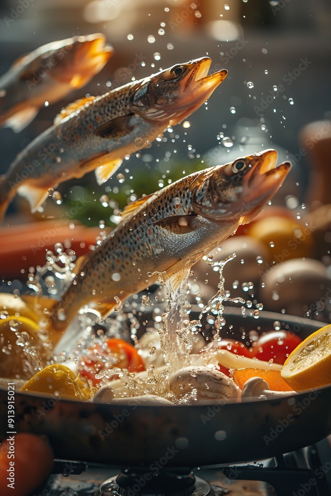 Herring fish jumping high out of the cooking pan surrounded by lemon slices and sliced carrots. Generative Ai Herring fish jumping high out of the cooking pan surrounded by lemon slices and sliced carrots. Generative Ai