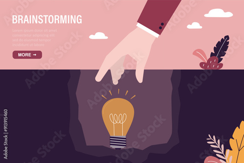 Businessman found glowing light bulb inside cave, symbolizing brainstorming, innovations, ambitions. Creativity, pitching ideas, human hand take lightbulb from pit