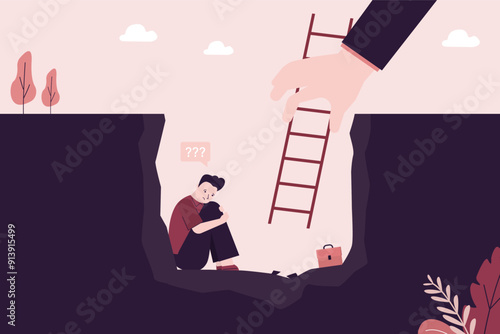 Frustrated businessman sits in hole of debt, bankruptcy, no way to overcome difficulties. Giant hand of mentor or assistant provides ladder and salvation. Business support. Psychological help.