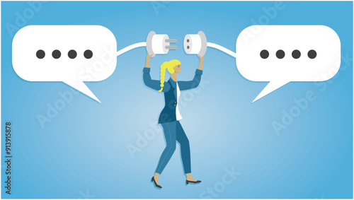 Woman connecting cables with speech bubbles. Communication. Dimension 16:9. Vector illustration.