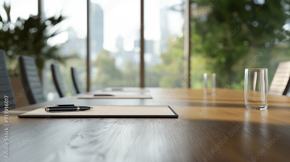 A close-up of a wooden conference table with glass, pens, and a blank sheet against a blurry window background. A close-up of a wooden conference table with glass, pens, and a blank sheet against a blurry window background.
