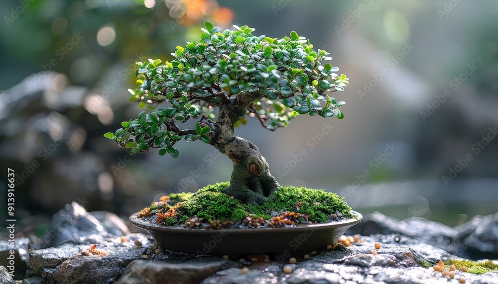 A bonsai in style, with a naturally curved trunk A bonsai in style, with a naturally curved trunk