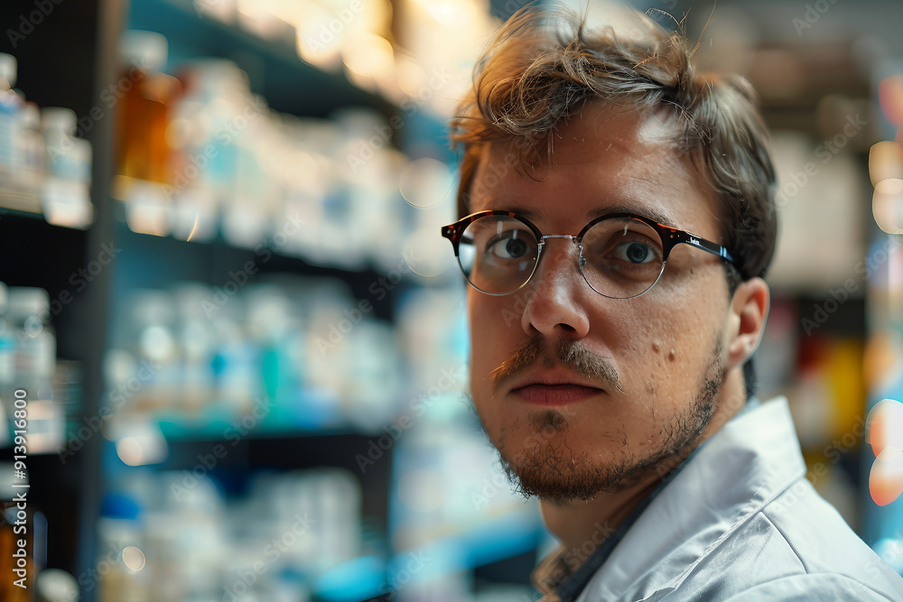 Photo of man pharmacist on the background of shelves with medicines generative AI Photo of man pharmacist on the background of shelves with medicines generative AI