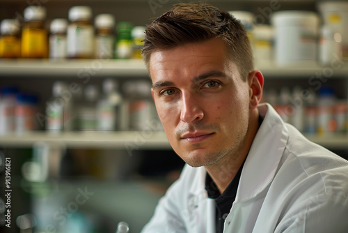 Pharmacist with a white lab coat standing confidently in front of medicine shelves generative AI