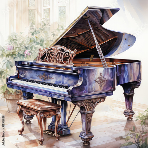 Watercolor Piano, clipart Illustration, Generative Ai