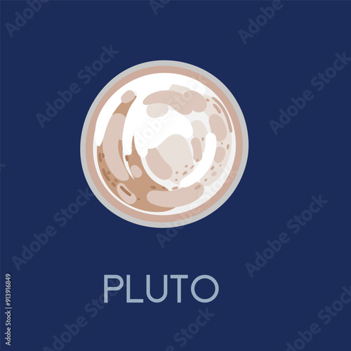 Bright Pluto planet with title. Solar system planet with varied surface features and icy landscape. Perfect for educational content and astronomy. Vector illustration isolated on dark blue background