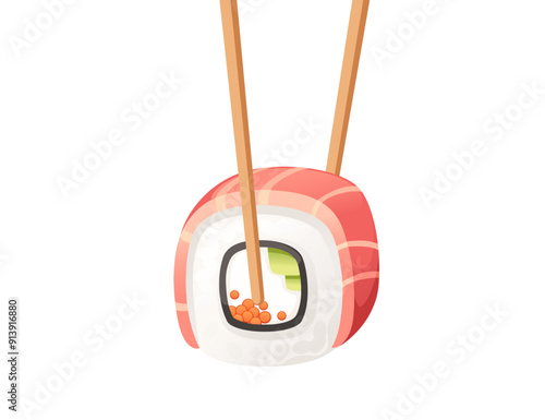 Tuna sushi roll held by chopsticks. Japanese cuisine promotions and restaurant menus. Delivery asian food service. Vector illustration isolated on white background