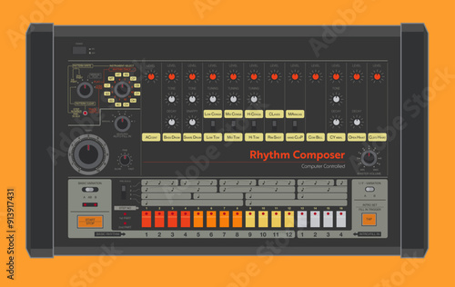Classic vintage Rhythm Composer instrument on orange background. Analog synth. Vector illustration. 