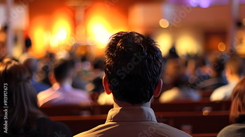 Person with a red scarf praying during a religious service or gathering in a mosque.