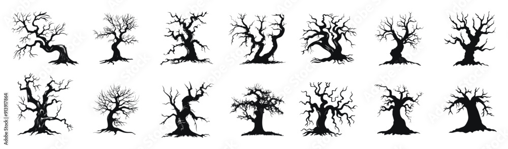 Haunted trees vector cartoon illustration. Collection of eerie, bare, and twisted scary tree in black and white. Haunted trees vector cartoon illustration. Collection of eerie, bare, and twisted scary tree in black and white.