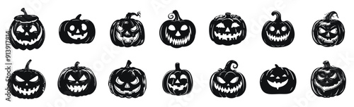 Halloween jack-o-lanterns vector silhouette illustration. Collection of spooky pumpkin faces with various expressions in black and white.