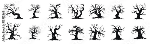 Haunted trees vector cartoon illustration. Collection of eerie, bare, and twisted scary tree in black and white.