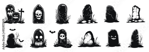 Halloween tombstones vector silhouette illustration. Collection of creepy gravestones with skulls and pumpkin design in black and white.