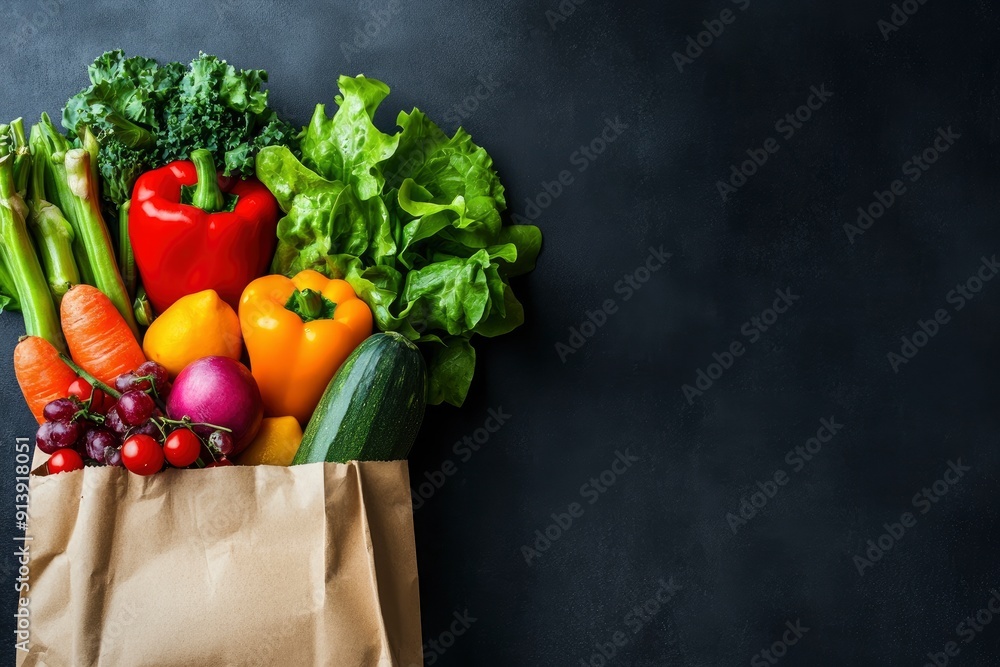 Healthy food in full paper bag of different products vegetables and fruits on dark background , ai Healthy food in full paper bag of different products vegetables and fruits on dark background , ai