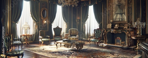 Victorian parlor with ornate furniture and heavy drapes, 4K hyperrealistic photo photo