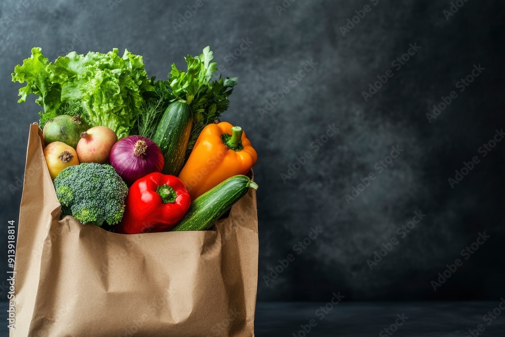 Healthy food in full paper bag of different products vegetables and fruits on dark background , ai Healthy food in full paper bag of different products vegetables and fruits on dark background , ai