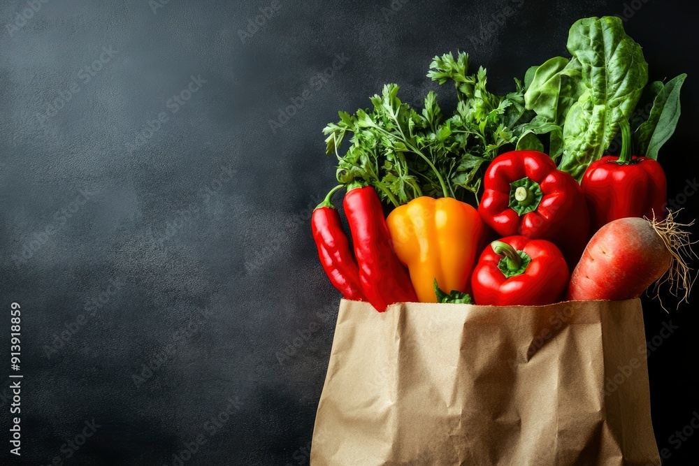 Healthy food in full paper bag of different products vegetables and fruits on dark background , ai Healthy food in full paper bag of different products vegetables and fruits on dark background , ai