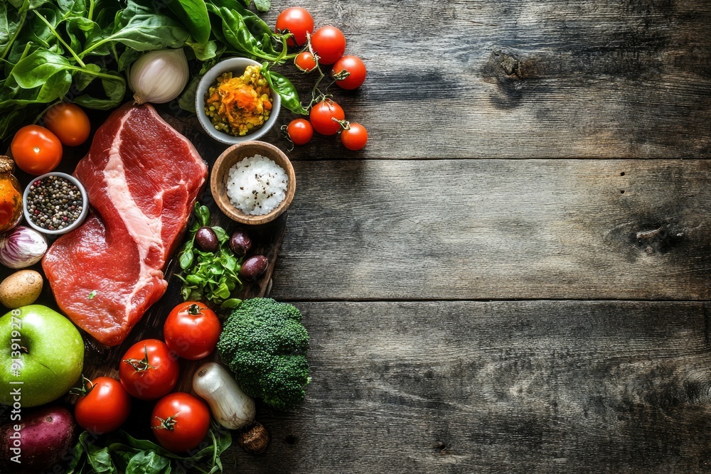 Selection of healthy food on rustic wooden background . ai Selection of healthy food on rustic wooden background . ai