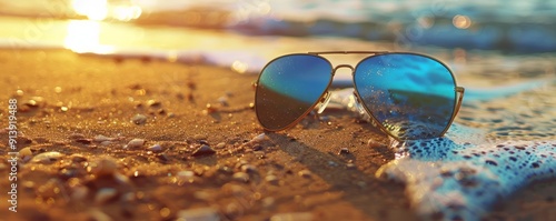 Wallpaper Mural Stylish sunglasses on a sandy beach, 4K hyperrealistic photo Torontodigital.ca