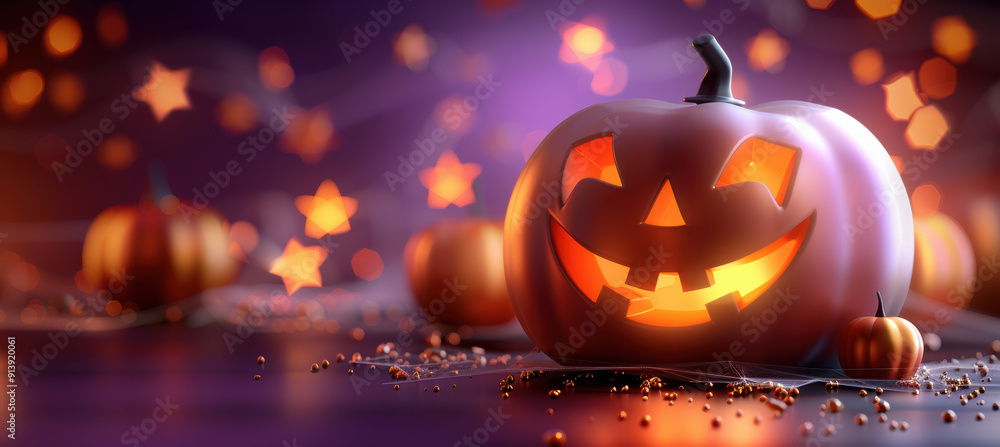 Naklejka premium Luminous Halloween Icons on Purple